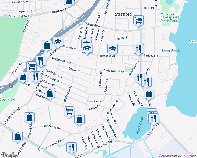map of restaurants, bars, coffee shops, grocery stores, and more near 77 Yarwood Street in Stratford