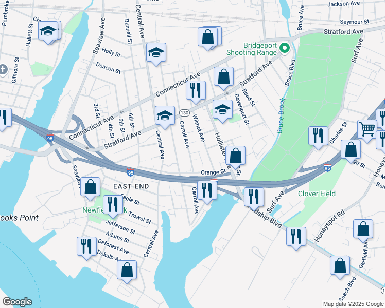 map of restaurants, bars, coffee shops, grocery stores, and more near 9 Yarrington Court in Bridgeport