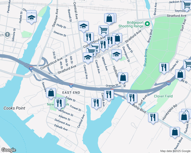 map of restaurants, bars, coffee shops, grocery stores, and more near 326 Union Avenue in Bridgeport