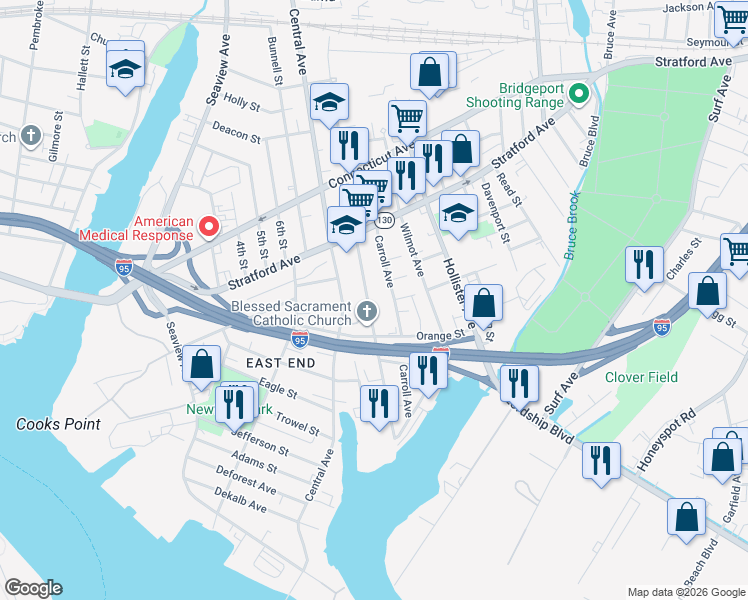 map of restaurants, bars, coffee shops, grocery stores, and more near 326 Union Avenue in Bridgeport