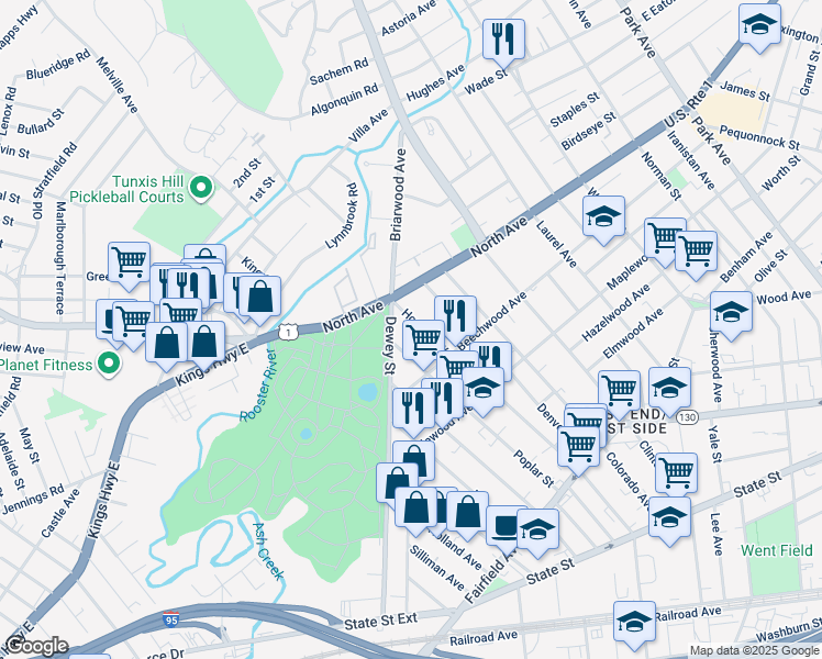 map of restaurants, bars, coffee shops, grocery stores, and more near 682 Dewey Street in Bridgeport