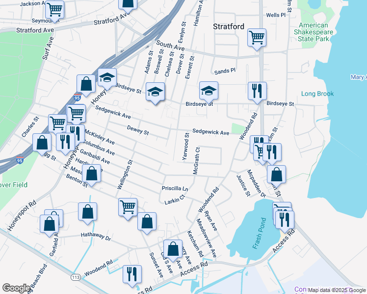 map of restaurants, bars, coffee shops, grocery stores, and more near 77 Yarwood Street in Stratford