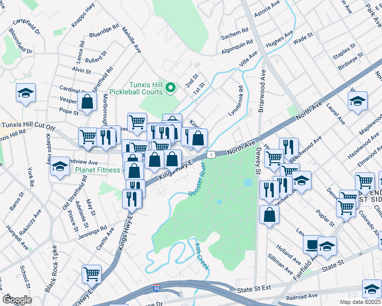 map of restaurants, bars, coffee shops, grocery stores, and more near 18 Tunxis Hill Road in Fairfield