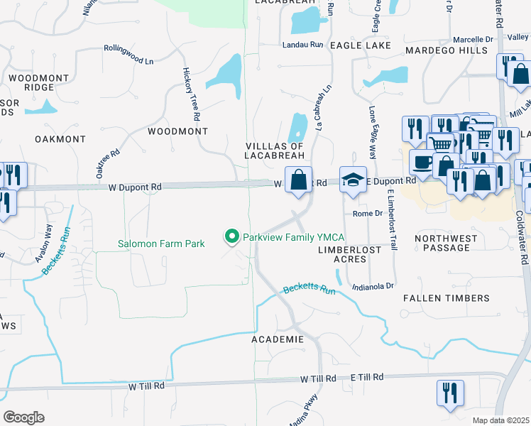 map of restaurants, bars, coffee shops, grocery stores, and more near 10311 Dawsons Creek Boulevard in Fort Wayne
