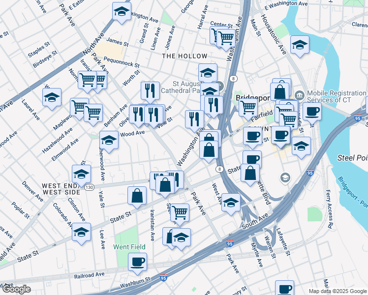 map of restaurants, bars, coffee shops, grocery stores, and more near 87 Washington Avenue in Bridgeport