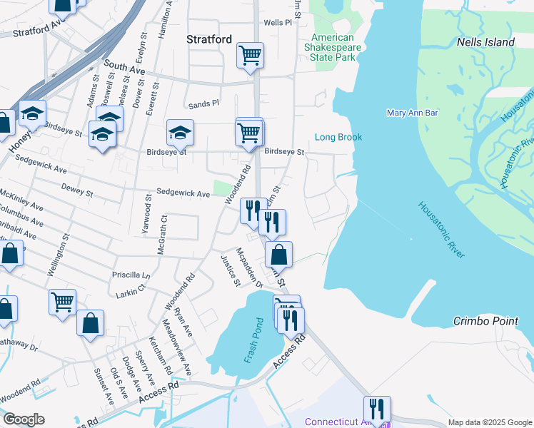 map of restaurants, bars, coffee shops, grocery stores, and more near 1178 Elm Street in Stratford