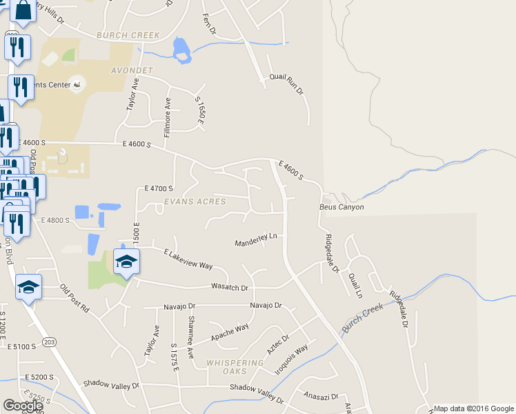 map of restaurants, bars, coffee shops, grocery stores, and more near 4755 Banbury Lane in Ogden