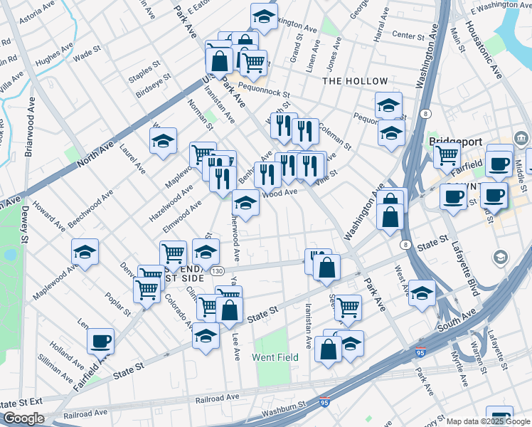 map of restaurants, bars, coffee shops, grocery stores, and more near 585 Norman Street in Bridgeport