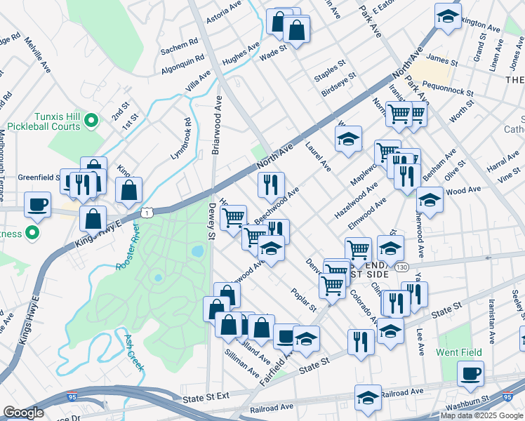 map of restaurants, bars, coffee shops, grocery stores, and more near 646 Beechwood Avenue in Bridgeport