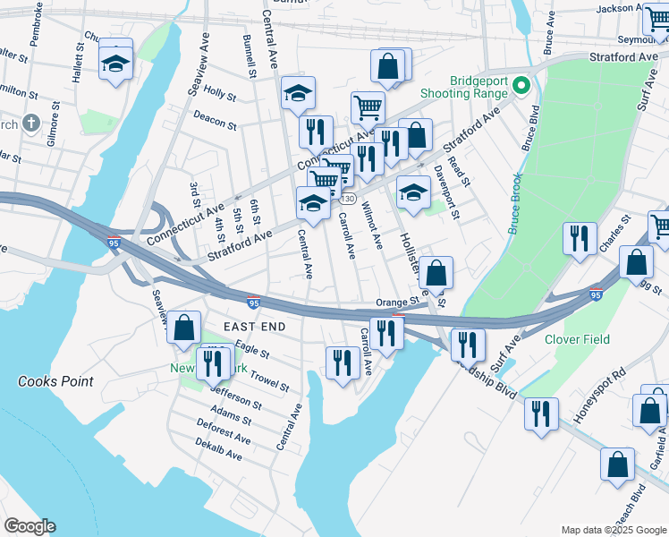map of restaurants, bars, coffee shops, grocery stores, and more near 326 Union Avenue in Bridgeport