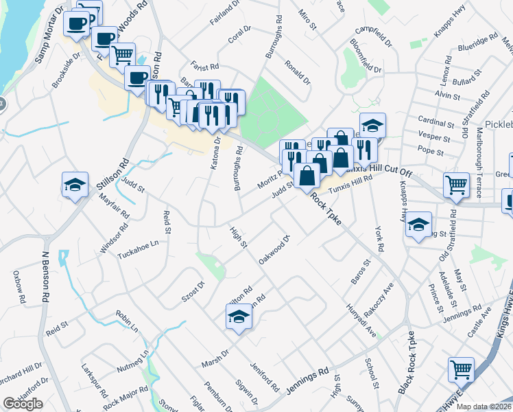 map of restaurants, bars, coffee shops, grocery stores, and more near 165 Judd Street in Fairfield