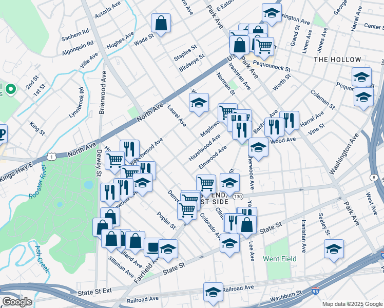 map of restaurants, bars, coffee shops, grocery stores, and more near 190 Hazelwood Avenue in Bridgeport