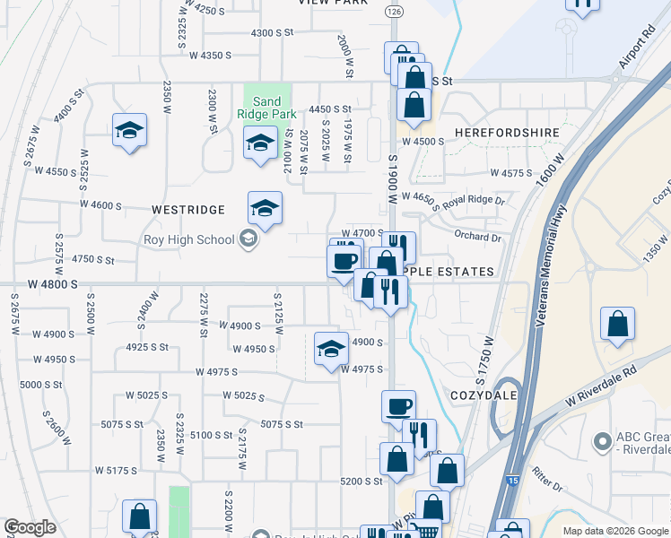 map of restaurants, bars, coffee shops, grocery stores, and more near 4796 South 2025 West in Roy
