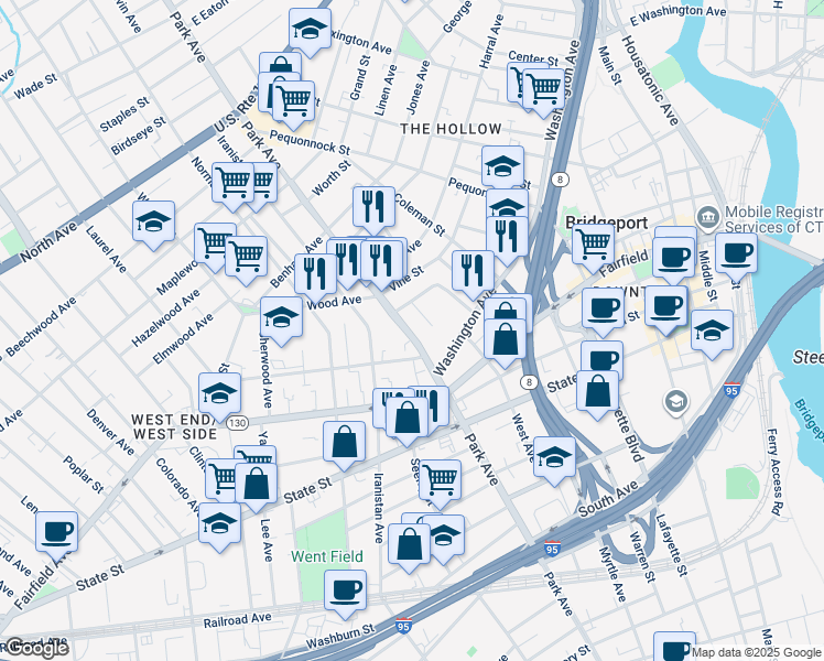 map of restaurants, bars, coffee shops, grocery stores, and more near 1131 Park Avenue in Bridgeport