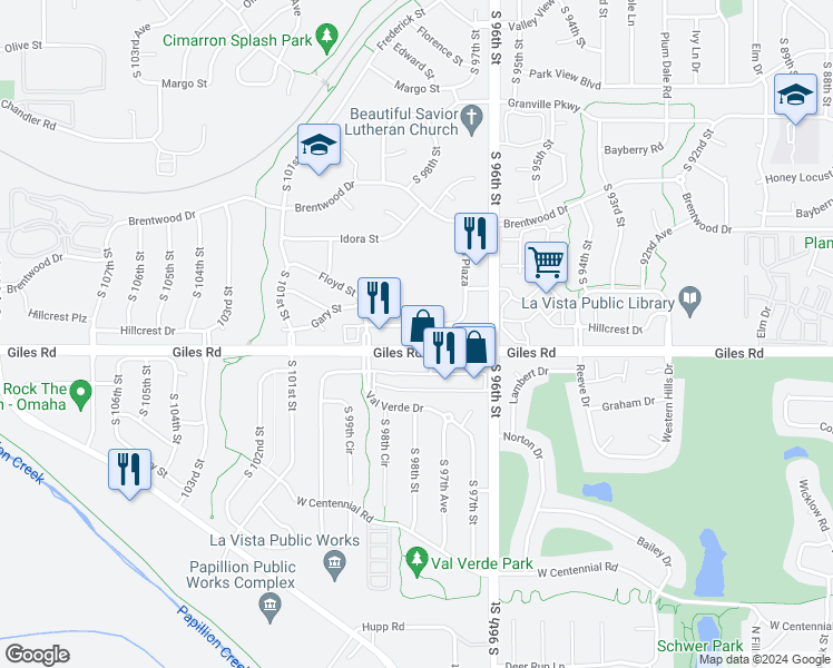 map of restaurants, bars, coffee shops, grocery stores, and more near 9810 Giles Road in La Vista