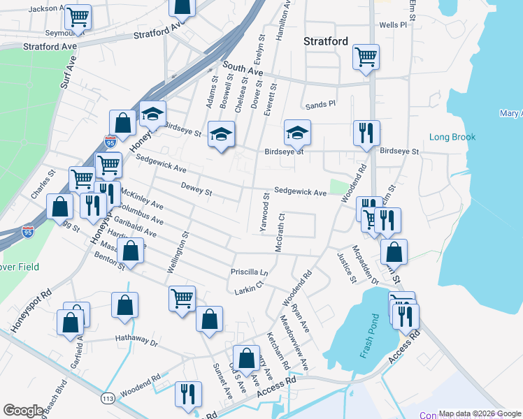 map of restaurants, bars, coffee shops, grocery stores, and more near 77 Yarwood Street in Stratford