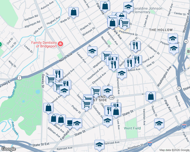 map of restaurants, bars, coffee shops, grocery stores, and more near 601 Laurel Avenue in Bridgeport