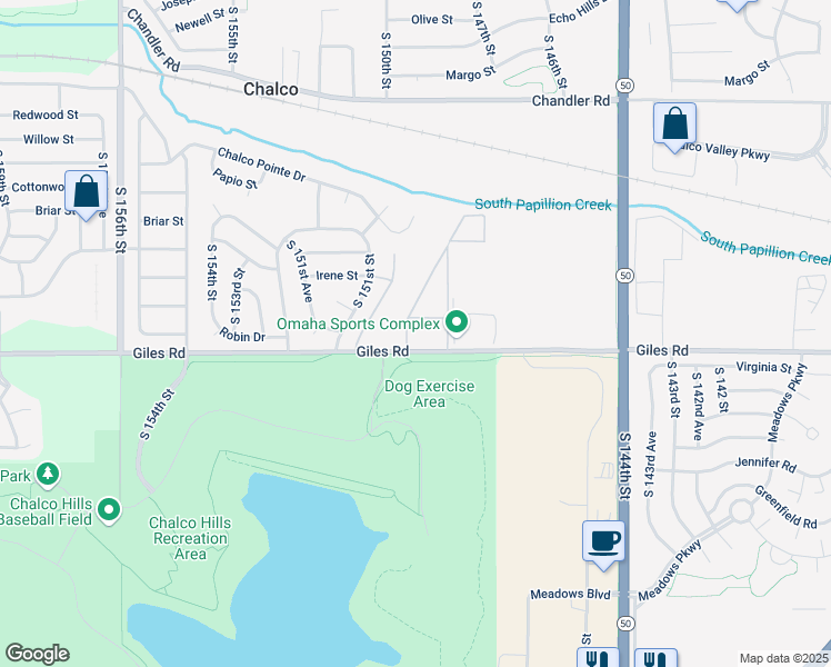 map of restaurants, bars, coffee shops, grocery stores, and more near 14808 Giles Road in Omaha