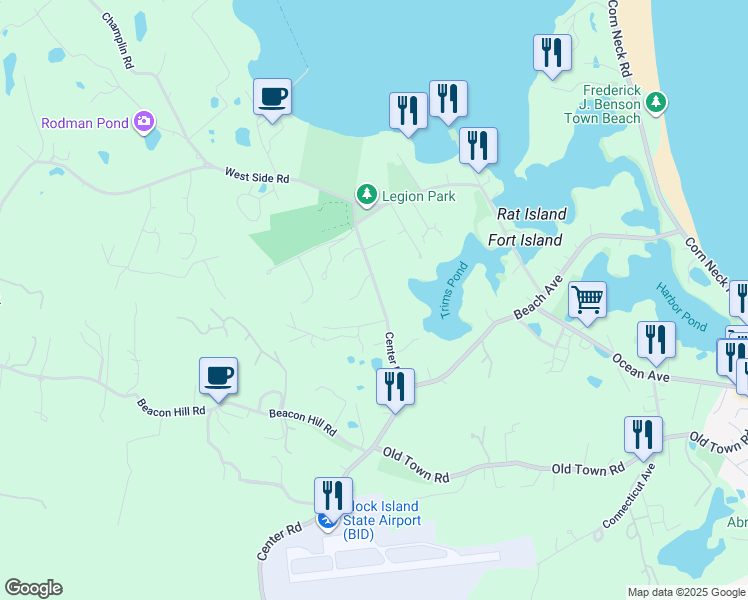 map of restaurants, bars, coffee shops, grocery stores, and more near 538 Center Road in New Shoreham