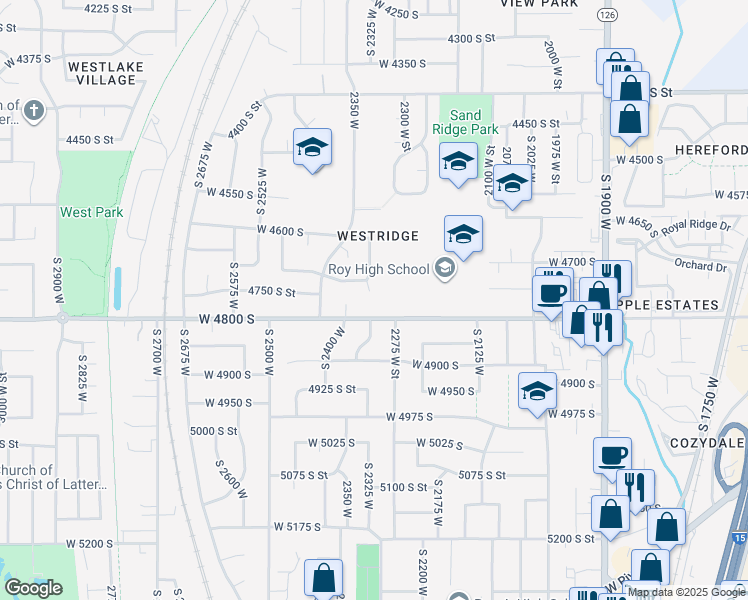 map of restaurants, bars, coffee shops, grocery stores, and more near 2336 West 4800 South in Roy