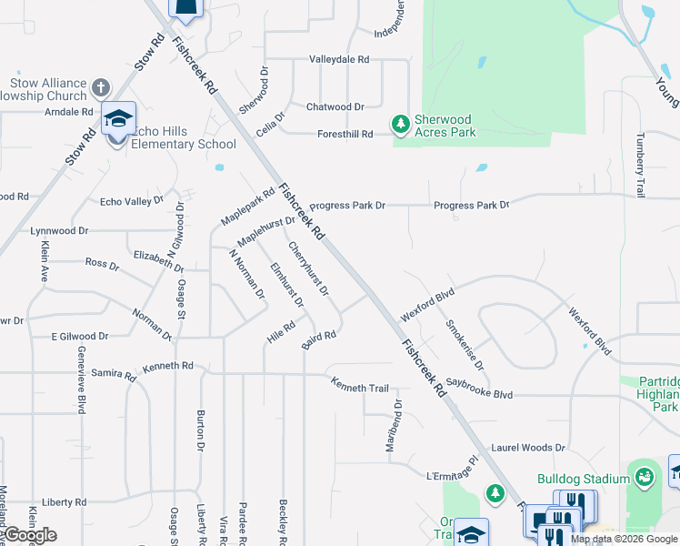 map of restaurants, bars, coffee shops, grocery stores, and more near 4556 Fishcreek Road in Stow