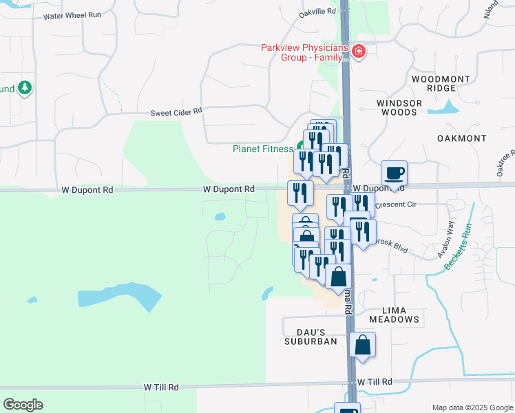 map of restaurants, bars, coffee shops, grocery stores, and more near 2079-2147 West Dupont Road in Fort Wayne