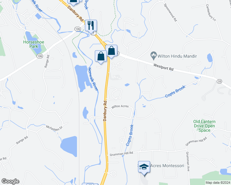 map of restaurants, bars, coffee shops, grocery stores, and more near 116 Danbury Road in Wilton