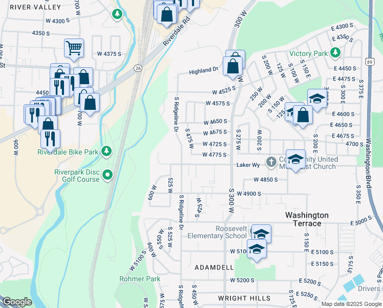map of restaurants, bars, coffee shops, grocery stores, and more near 4954 South 475 West in Washington Terrace