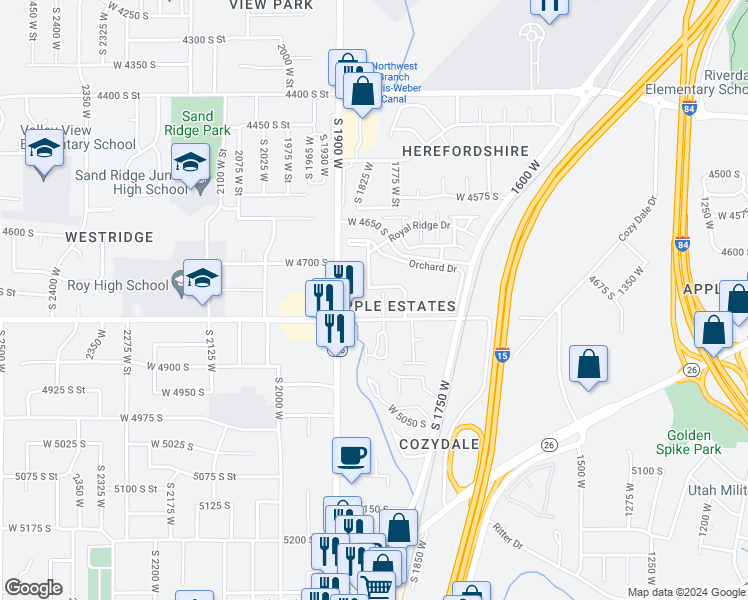 map of restaurants, bars, coffee shops, grocery stores, and more near 4783 South 1800 West in Roy