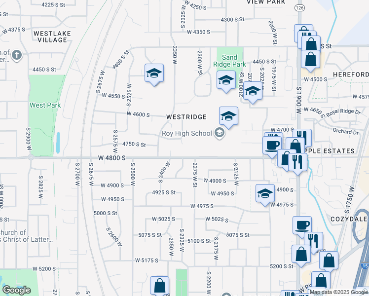 map of restaurants, bars, coffee shops, grocery stores, and more near 2336 West 4800 South in Roy
