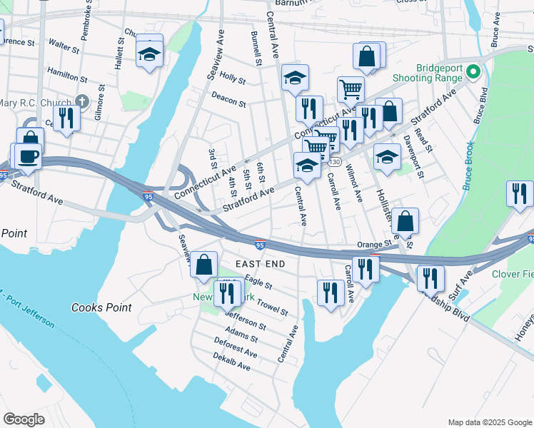 map of restaurants, bars, coffee shops, grocery stores, and more near 582 Newfield Avenue in Bridgeport