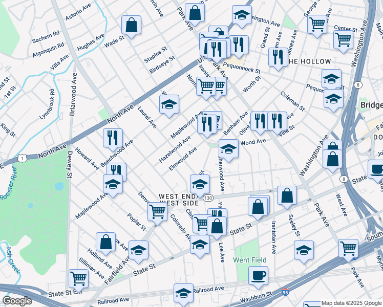 map of restaurants, bars, coffee shops, grocery stores, and more near 175 Grove Street in Bridgeport