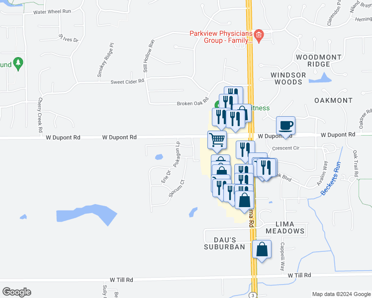 map of restaurants, bars, coffee shops, grocery stores, and more near 2079-2147 West Dupont Road in Fort Wayne