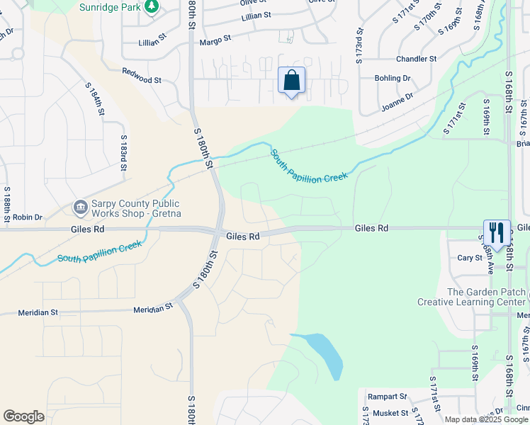 map of restaurants, bars, coffee shops, grocery stores, and more near 17392-17998 Giles Road in Omaha