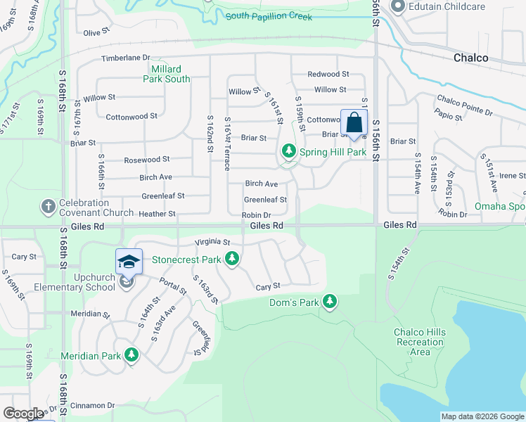 map of restaurants, bars, coffee shops, grocery stores, and more near 16106 Robin Drive in Omaha
