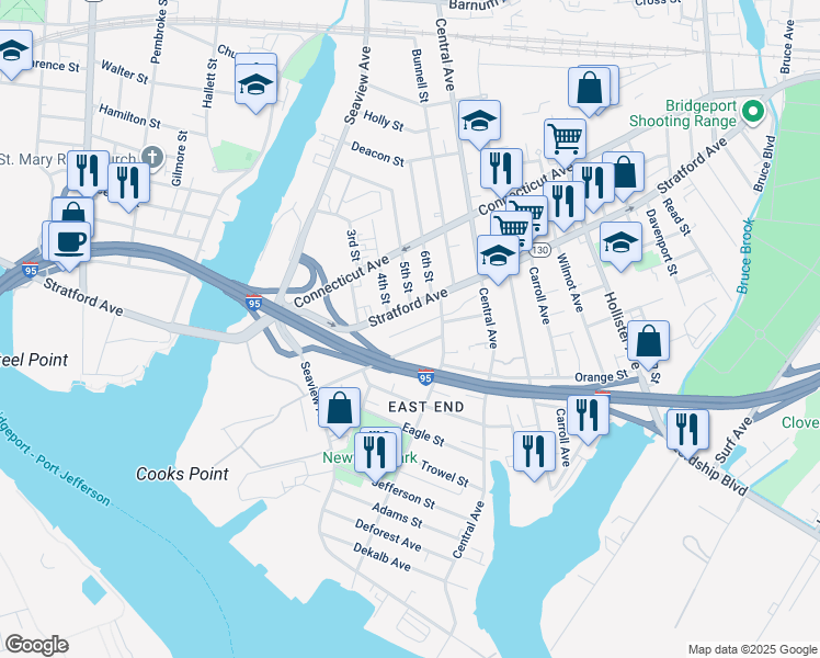 map of restaurants, bars, coffee shops, grocery stores, and more near 223 Beardsley Street in Bridgeport