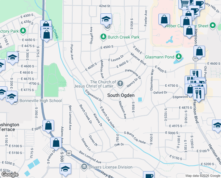 map of restaurants, bars, coffee shops, grocery stores, and more near 4723 South Madison Avenue in Ogden