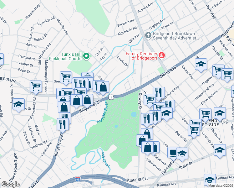 map of restaurants, bars, coffee shops, grocery stores, and more near in Bridgeport