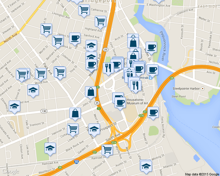 map of restaurants, bars, coffee shops, grocery stores, and more near 299 Lafayette Cir in Bridgeport