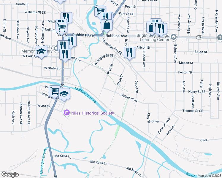 map of restaurants, bars, coffee shops, grocery stores, and more near 330 Walnut Street Southeast in Niles