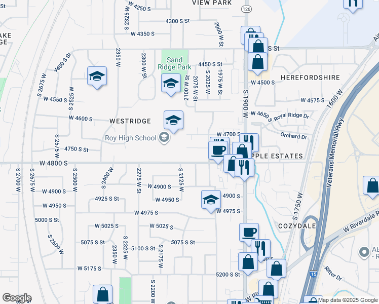 map of restaurants, bars, coffee shops, grocery stores, and more near 2107 West 4750 South in Roy