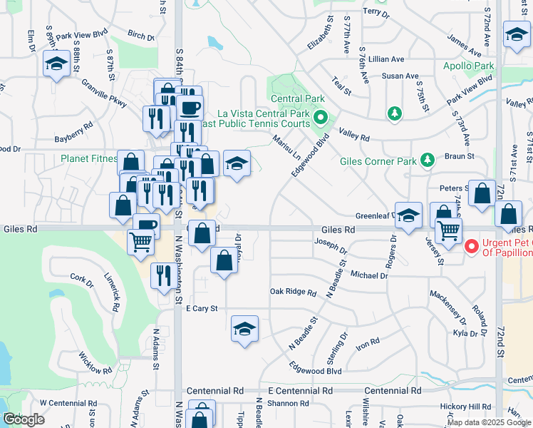 map of restaurants, bars, coffee shops, grocery stores, and more near 7933 Edgewood Boulevard in La Vista