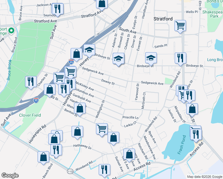 map of restaurants, bars, coffee shops, grocery stores, and more near 282 Roosevelt Avenue in Stratford