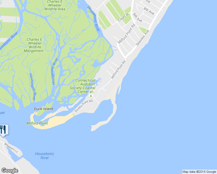 map of restaurants, bars, coffee shops, grocery stores, and more near 25 Milford Point Road in Milford