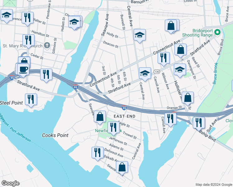 map of restaurants, bars, coffee shops, grocery stores, and more near 223 Beardsley Street in Bridgeport