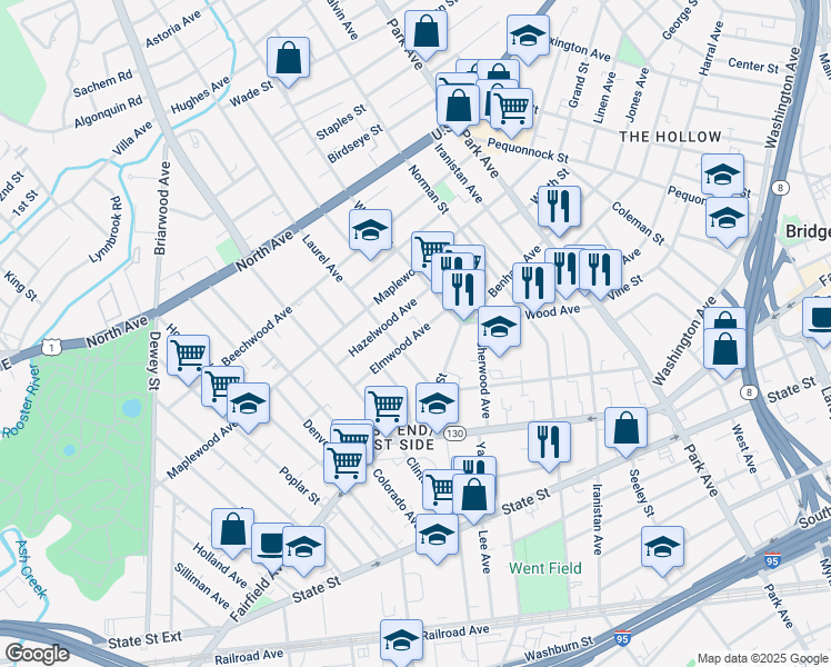 map of restaurants, bars, coffee shops, grocery stores, and more near 175 Grove Street in Bridgeport