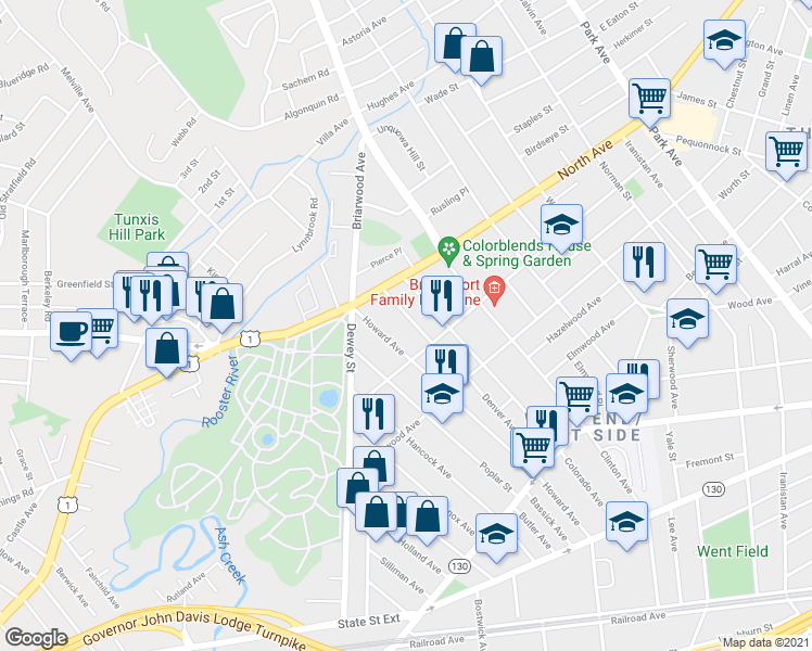 map of restaurants, bars, coffee shops, grocery stores, and more near 1246 Howard Avenue in Bridgeport