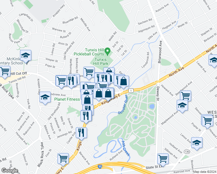 map of restaurants, bars, coffee shops, grocery stores, and more near 127 Connecticut 58 in Fairfield