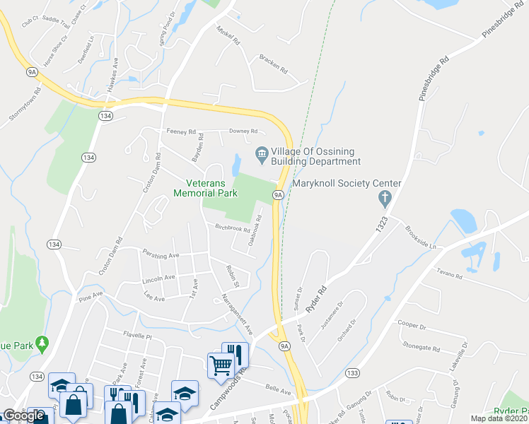 map of restaurants, bars, coffee shops, grocery stores, and more near 20 Oakbrook Road in Ossining