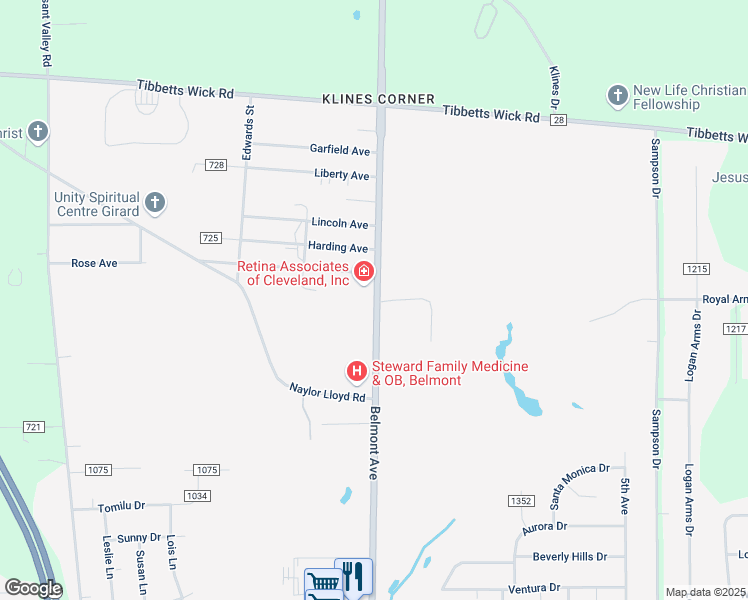 map of restaurants, bars, coffee shops, grocery stores, and more near 5373 Belmont Avenue in Youngstown